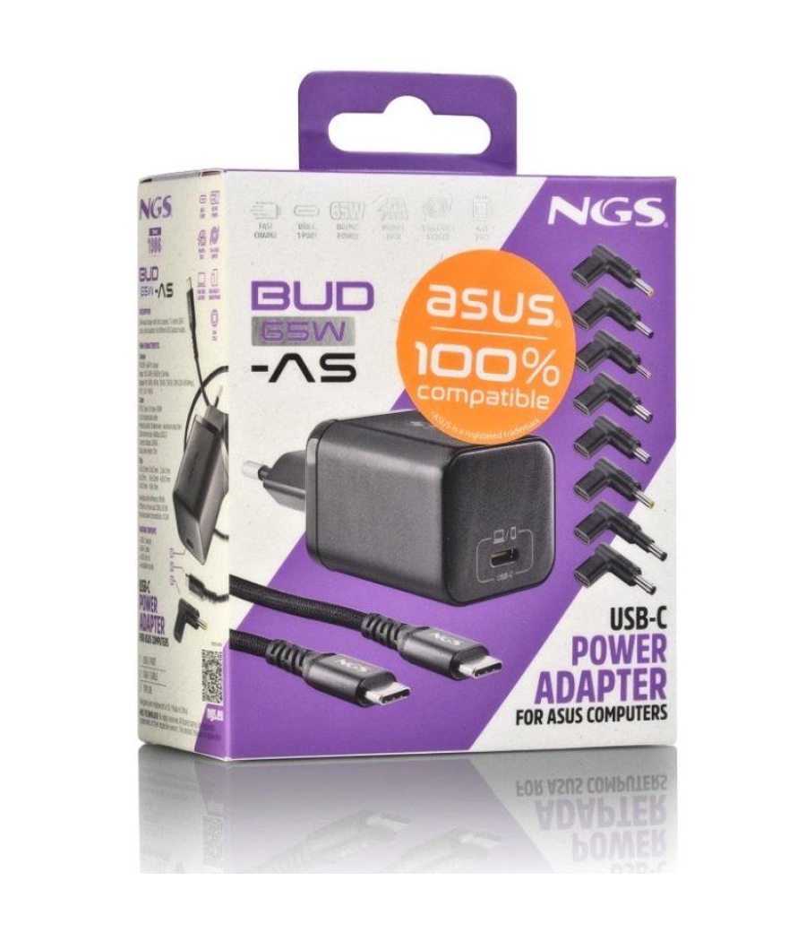 Cargador gan de portátil ngs bud65w-as para asus/ 1xusb tipo-c/ 65w/ automático/ 8 conectores/ voltaje 5-20v