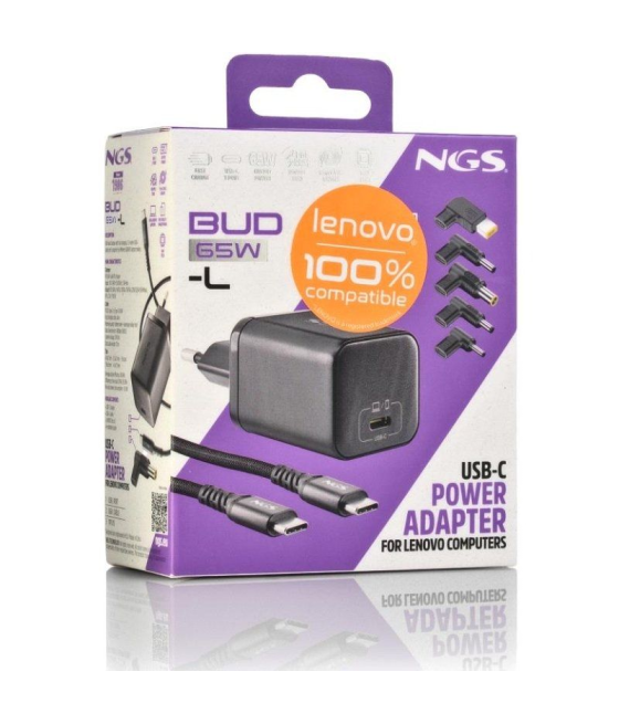 Cargador gan de portátil ngs bud65w-l para lenovo/ 1xusb tipo-c/ 65w/ automático/ 5 conectores/ voltaje 5-20v