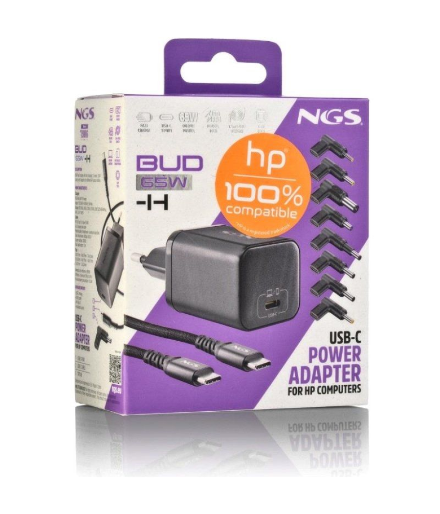 Cargador gan de portátil ngs bud65w-h para hp/ 1xusb tipo-c/ 65w/ automático/ 8 conectores/ voltaje 5-20v