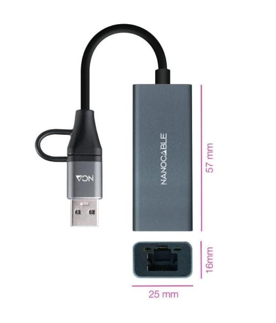 Adaptador usb macho + usb tipo-c macho - rj45 nanocable 10.03.0411/ 1000mbps
