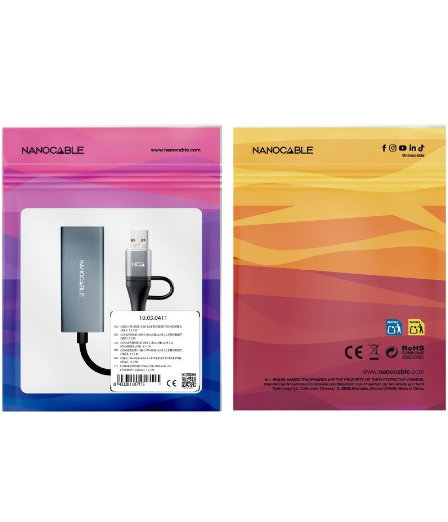 Adaptador usb macho + usb tipo-c macho - rj45 nanocable 10.03.0411/ 1000mbps