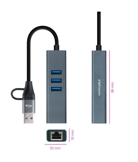 Hub usb + usb tipo-c 3.0 nanocable 10.03.0412/ 3xusb/ 1xrj45/ gris