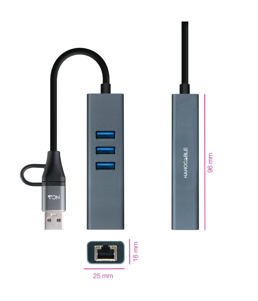 Hub usb + usb tipo-c 3.0 nanocable 10.03.0412/ 3xusb/ 1xrj45/ gris