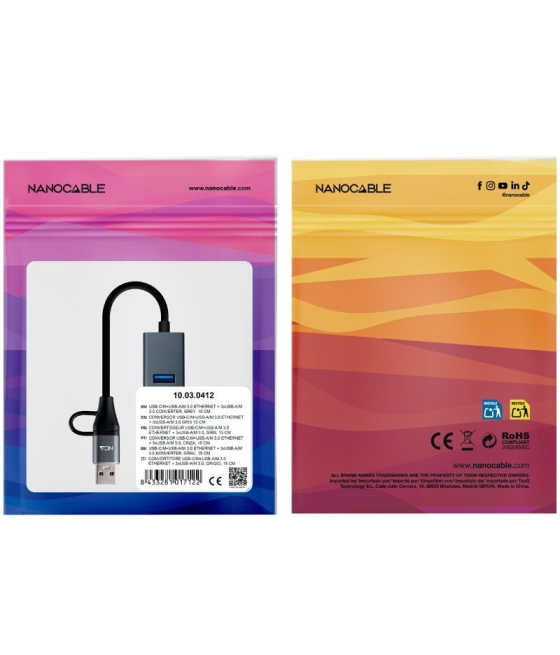Hub usb + usb tipo-c 3.0 nanocable 10.03.0412/ 3xusb/ 1xrj45/ gris