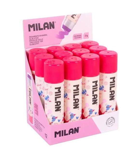 Milan pegamento violeta en barra 21gr serie especial flowicorn caja expositora 12 ud