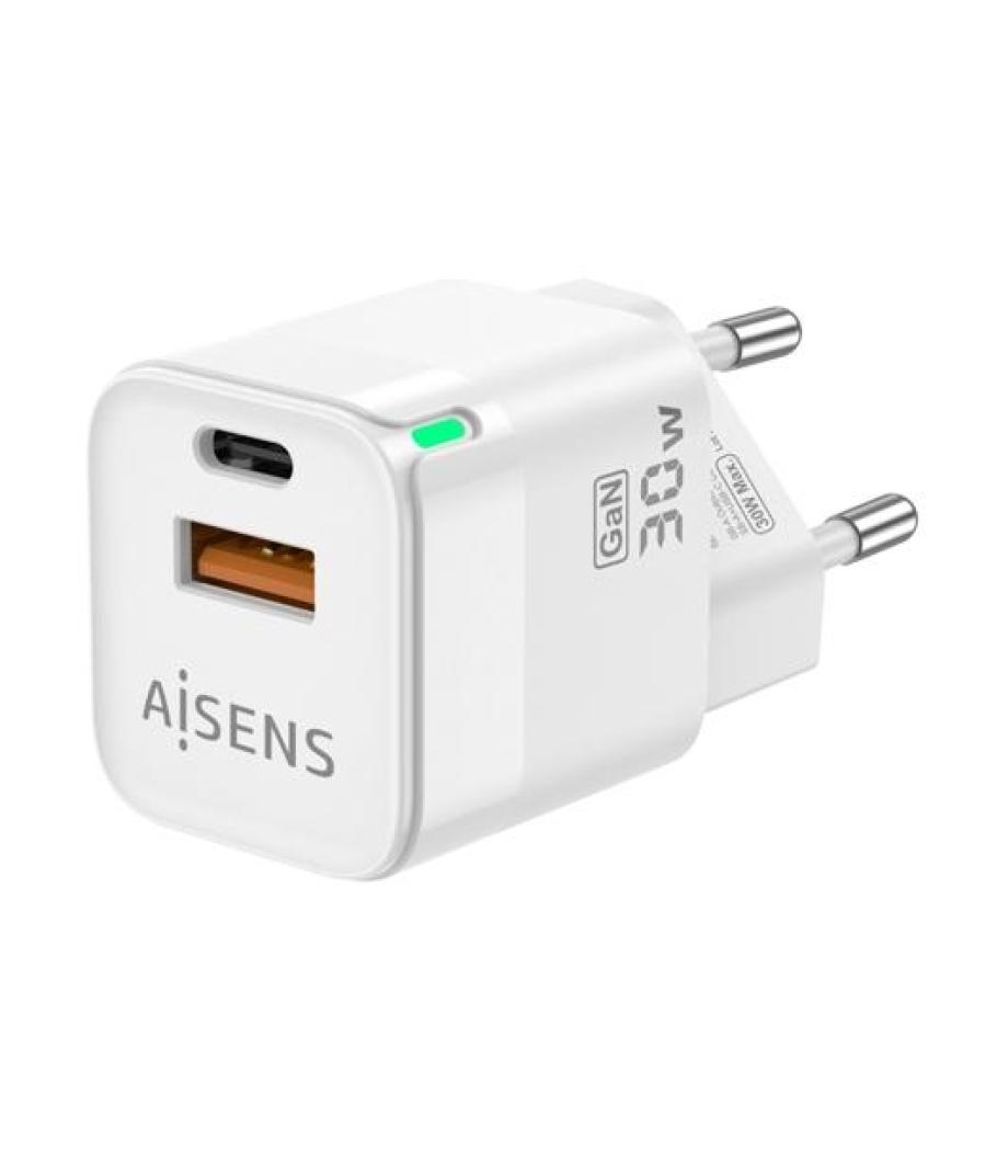 Aisens cargador gan 30w, 1xusb-c pd3.0 qc4.0, 1xusb-a qc3.0, blanco