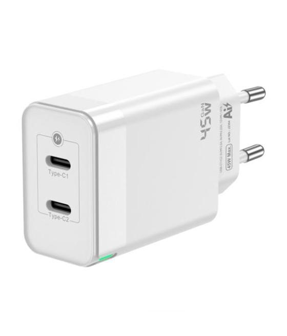 Aisens cargador gan 45w, 2xusb-c pd3.0 qc4.0, blanco