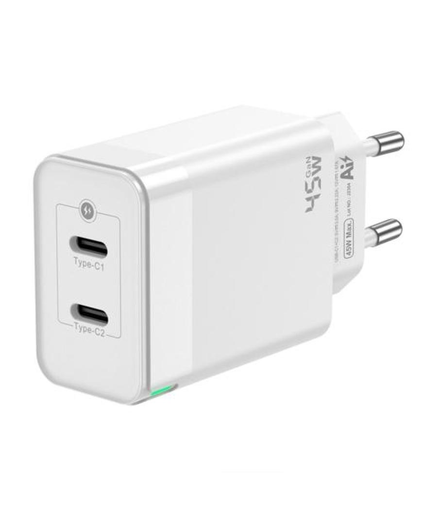 Aisens cargador gan 45w, 2xusb-c pd3.0 qc4.0, blanco