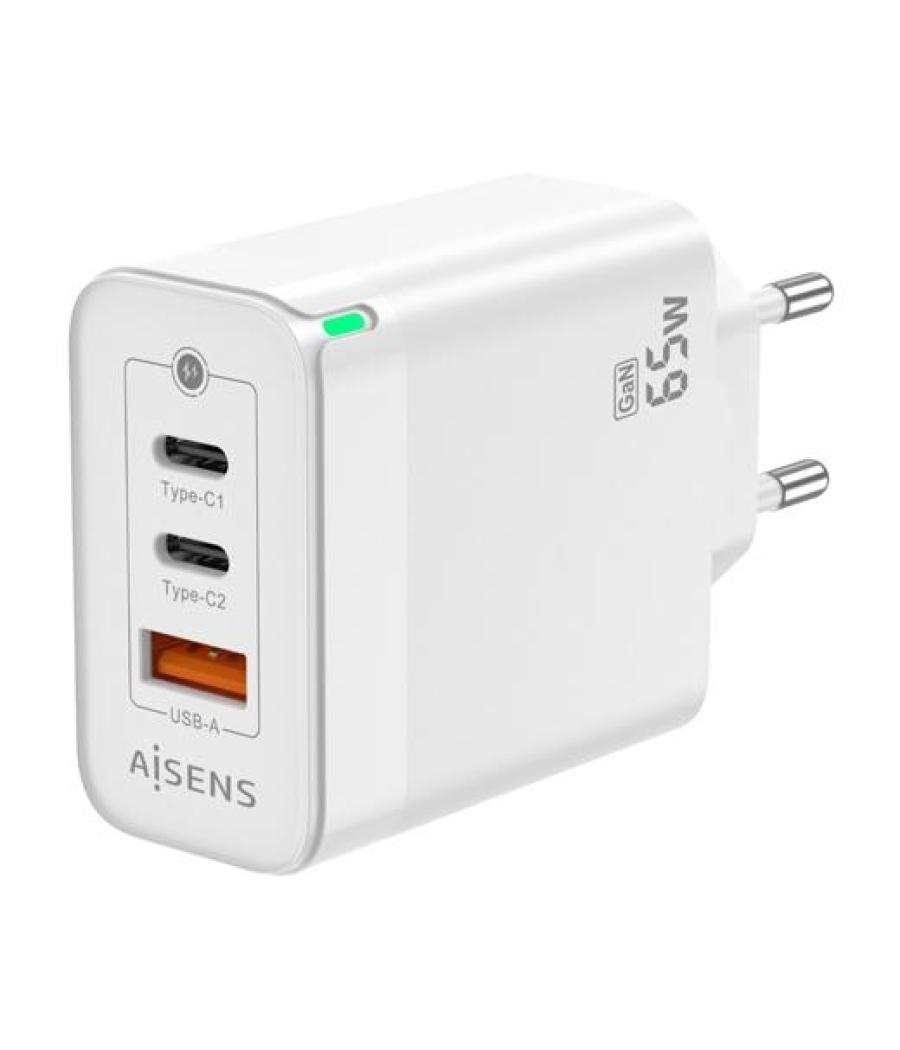 Aisens cargador gan 65w, 2xusb-c pd3.0 qc4.0, 1xusb-a qc3.0, blanco