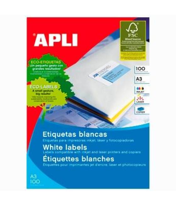 Apli etiquetas adhesivas 297x420mm inkjet/láser c/rectos 1 x 100h a3 blanco