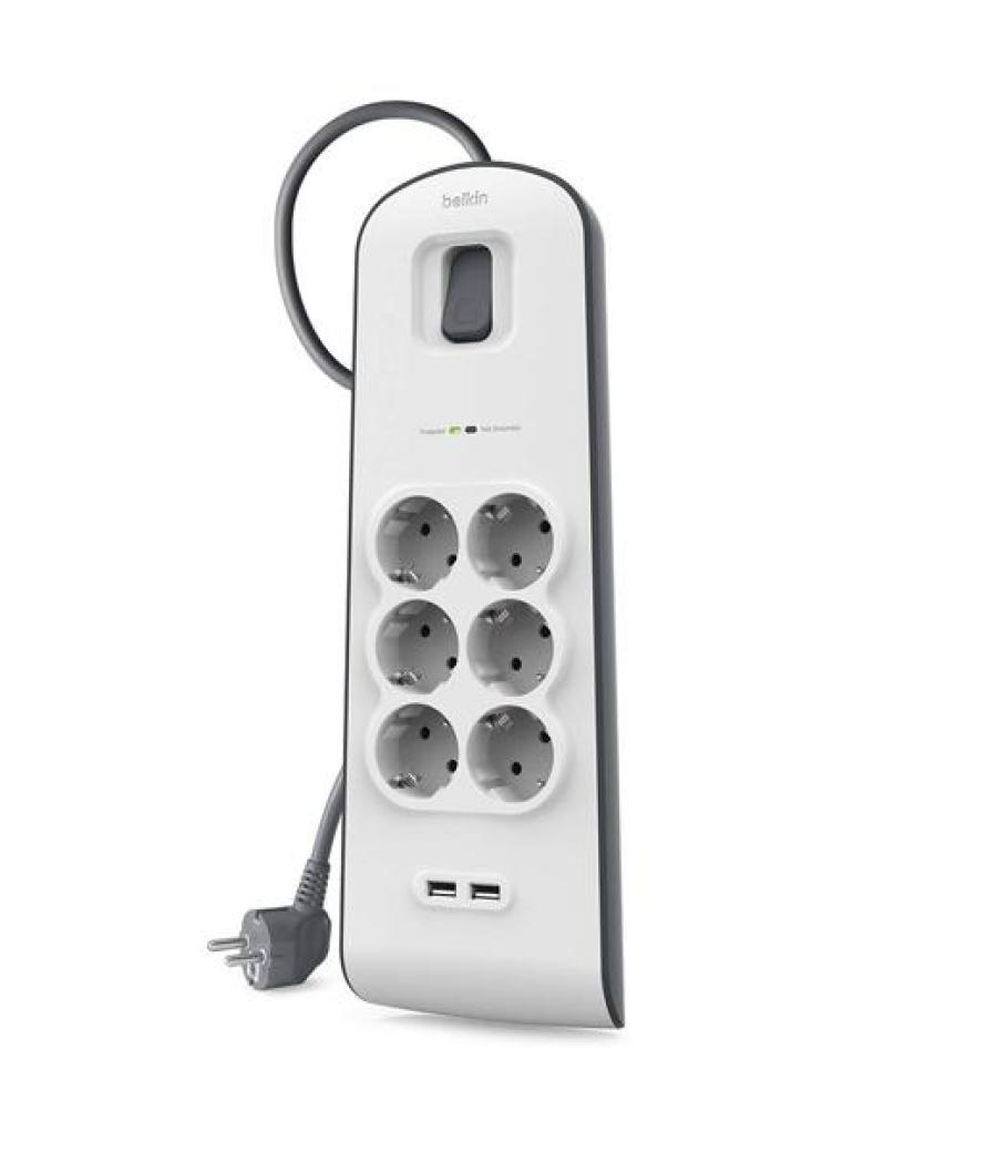 Belkin regleta de proteccion contra sobretensiones con 6 tomas + 2 puertos usb botón de apagado y encendido 2 metros blanco/gris