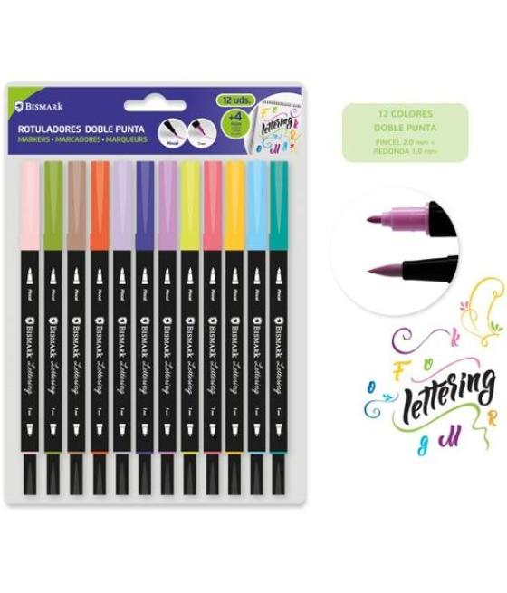 Bismark rotuladores lettering doble punta fina/pincel c/surtidos estuche 12 ud