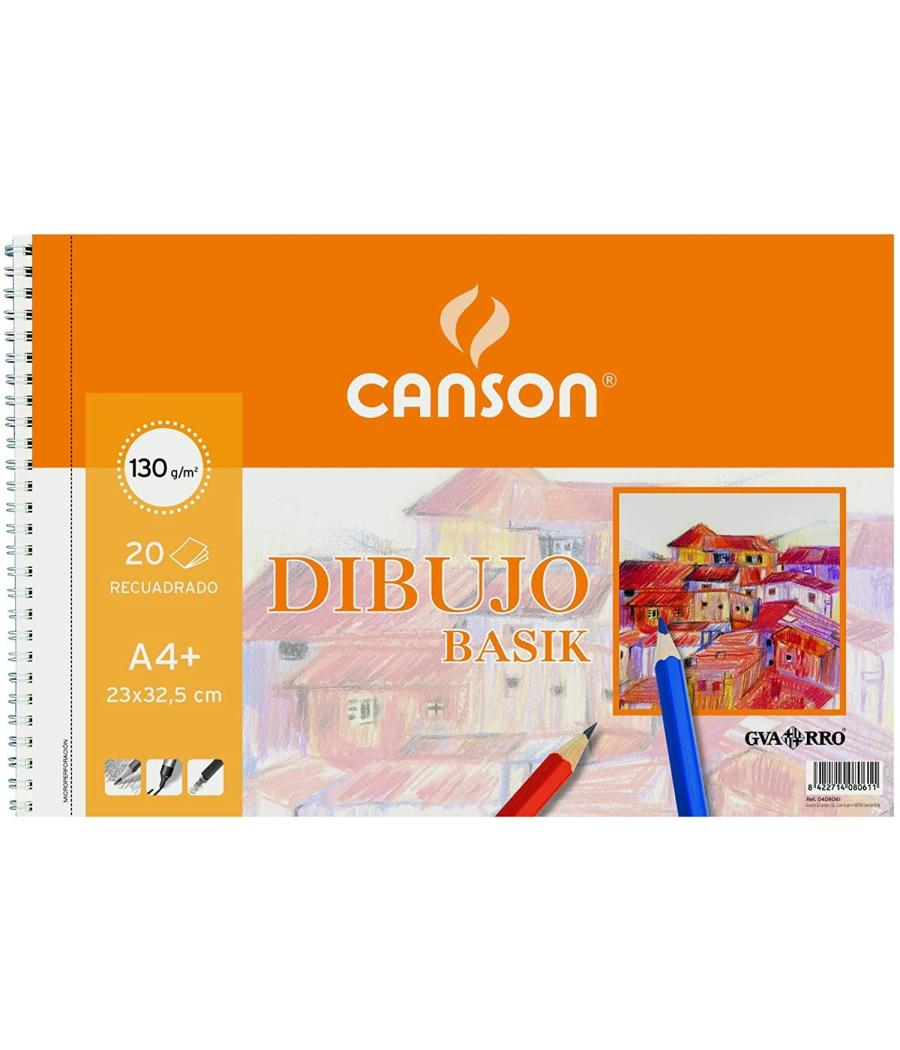 Canson bloc dibujo basik espiral 20h+20% gratis a4+ 130gr microperforado c/recuadro blanco natural -10u-