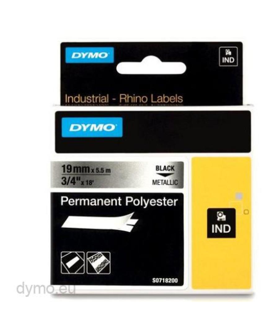Dymo rhino cinta de etiquetas industrial adhesiva id1-19, negro sobre gris metálico (plata) de 19mmx5´5 m, polyester (s0718200)