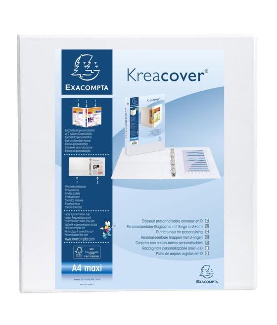 Exacompta carpeta 2 anillas mixtas 60mm kreacover forrada pp a4+ personalizable 3 bolsos exteriores blanco