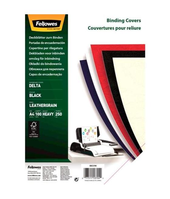 Fellowes tapas encuadernación a4 cartón 250gr símil piel delta cuero fsc negro pack 100 ud