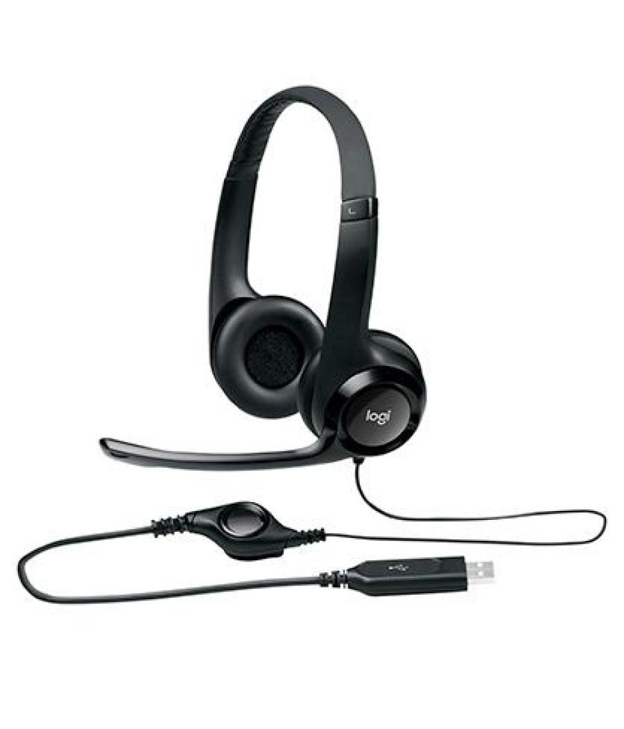 Logitech auriculares h390 diadema acolchada biaural estereo micrófono ajustable control volumen cable usb negro