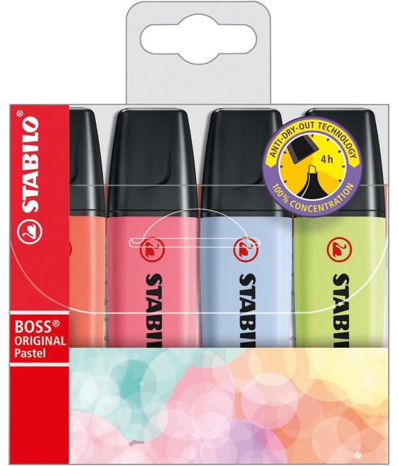 Stabilo boss marcador fluorescente estuche 4 colores pastel