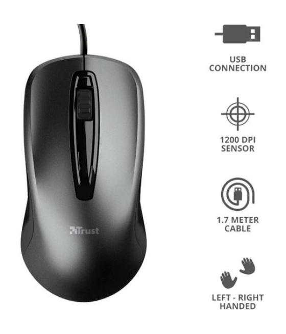 Trust ratón carve cable usb 1200dpi ambidiestro 3 botones negro