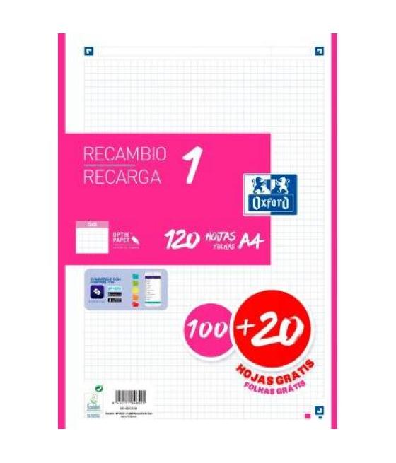Oxford recambio classic 120 hojas a4 sueltas 90gr 5x5mm 4 taladros 1 banda color fucsia