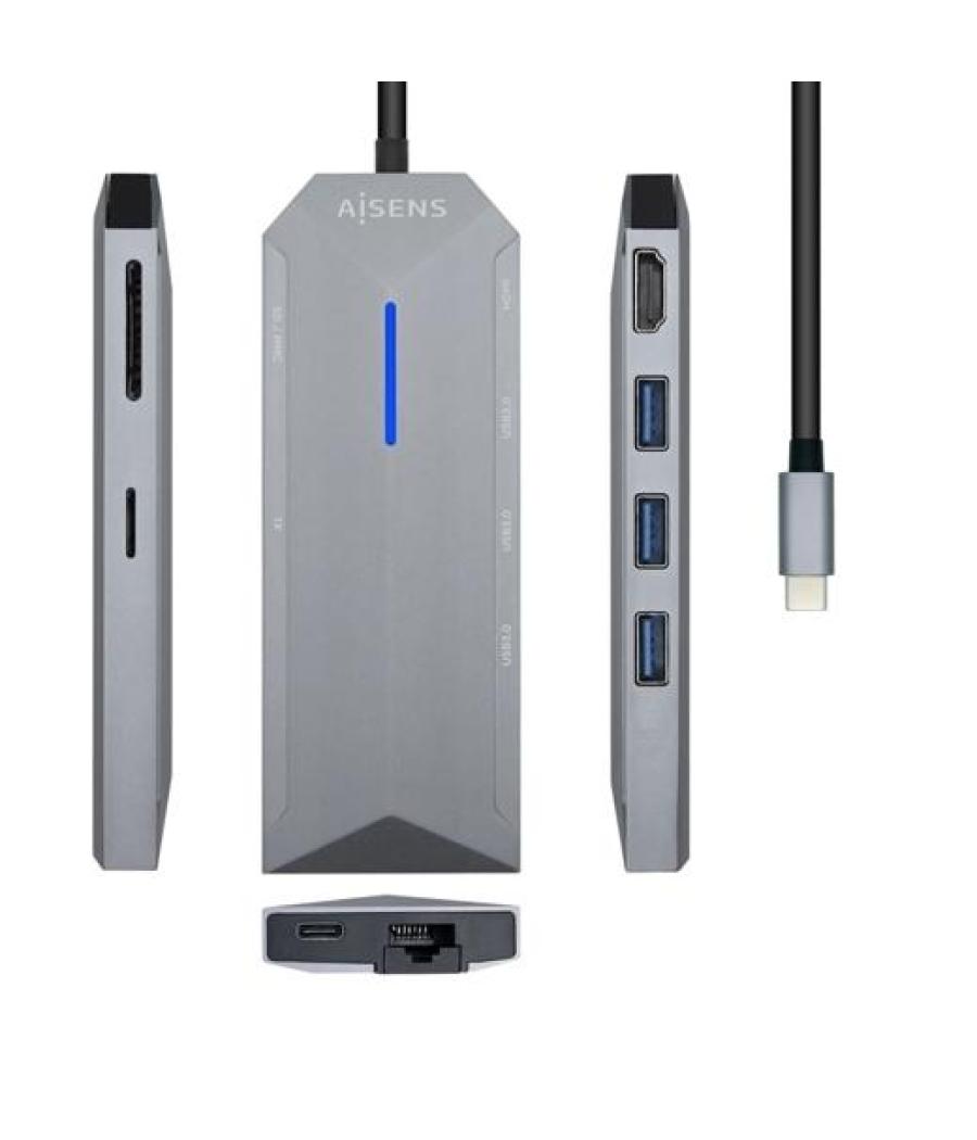 Aisens dock station 8 en 1 usb-c a 1xhdmi, 1xrj45, 3xusb, 1xpd, 1xsd, 1xmicro sd, gris
