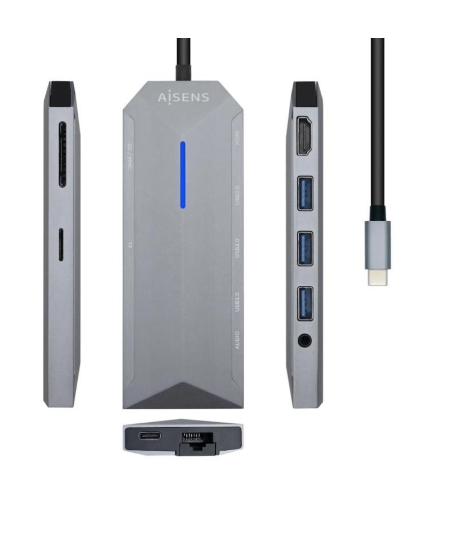 Aisens dock station 9 en 1 usb-c a 1xhdmi, 1xrj45, 3xusb, 1xpd, 1xaudio, 1xsd, 1xmicro sd, gris