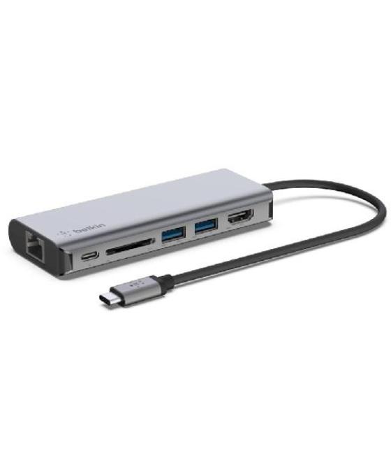 Belkin adaptador usb-c 5 en 1 ethernet, usb-c, usb-a, hdmi, sd gris