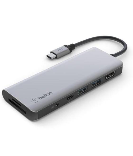 Belkin adaptador usb-c 7 en 1, usb-c pd,2xusb-a, hdmi,lector sd, micro sd, jack 3.5 mm gris