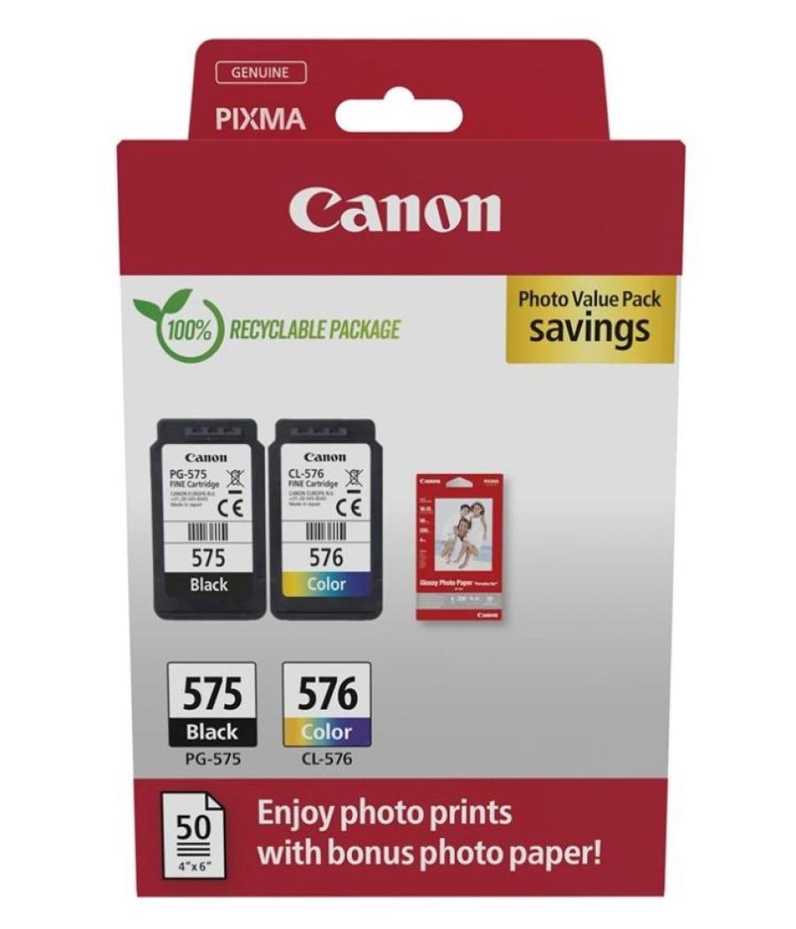 Canon tinta ecopack bk+ c / m / y + 50h papel fotográfico 10x15 para pixma tr 4750i/4751i/4755i - ts 3550i/3551i - pg 575 + cl 5