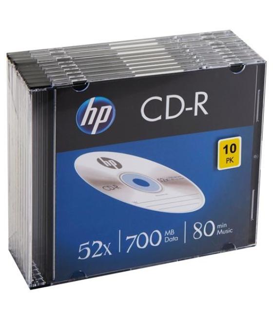 Hp cd-r , 700mb, 52x, pack 10 unidades slim case