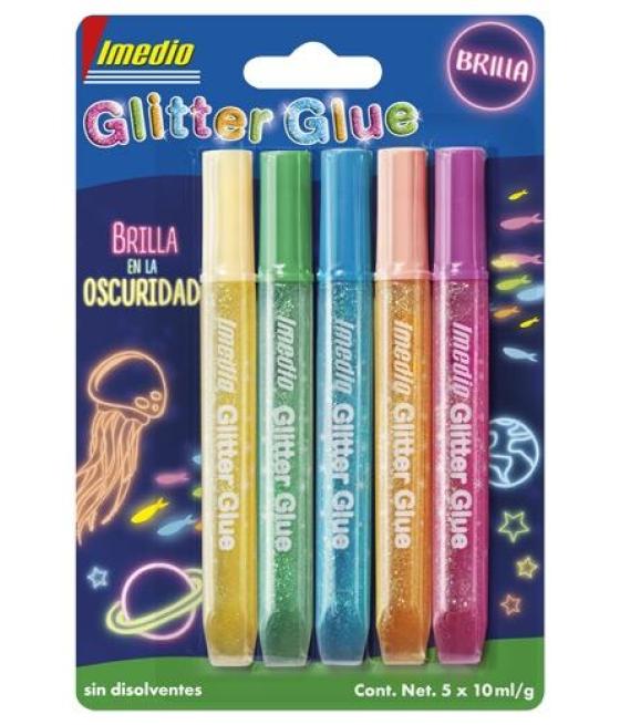 Imedio adhesivo glitter glue brilla en la oscuridad tubo 10ml blíster 5 c/surtidos