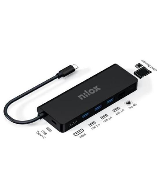Nilox dock station usb-c 8 en 1 3xusb 3.0, 2xhdmi, sd, rj45, pd, negro