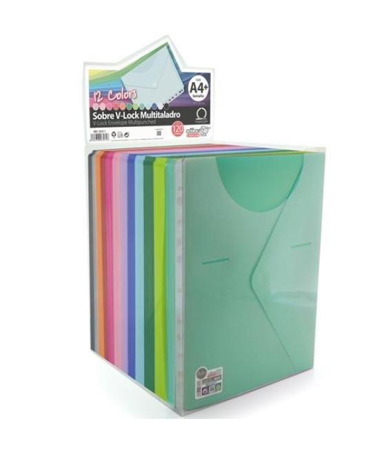 Office box sobre broche colorline a4+/folio multitaladro cierre v-lock pp c/surtidos expositor 120 ud