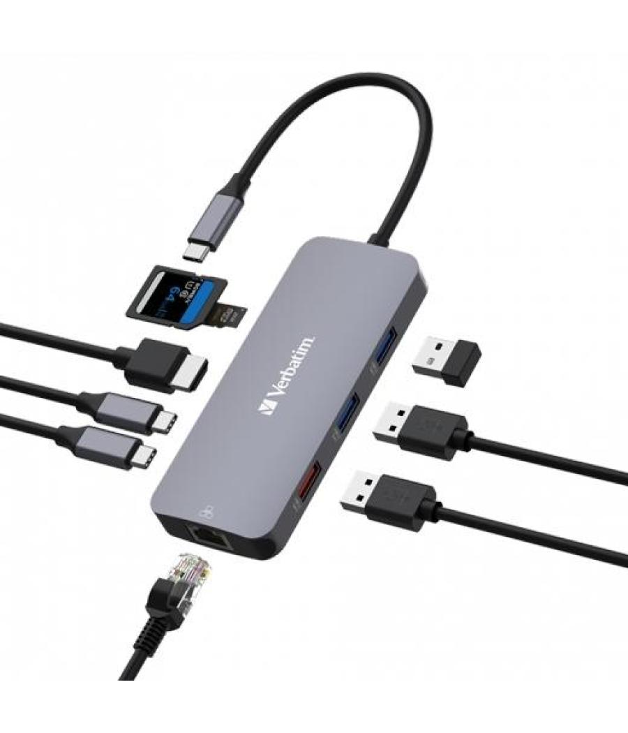 Verbatim hub pro usb-c a 1xusb 3.2/2xusb 3.2/1xhdmi/1xrj45/2xusb-c/1xsd/1xmicrosd plata