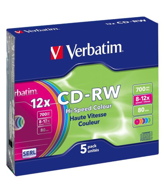 Verbatim cd-rw, 700mb, 12x, 5 pack slim case, colour surface regrabable