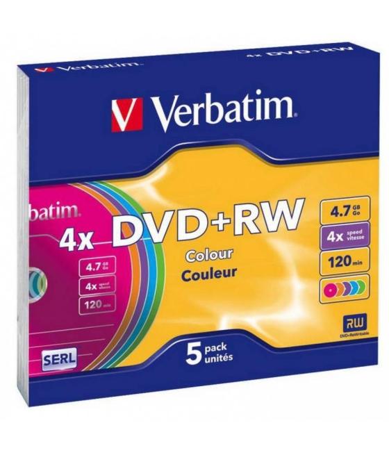 Verbatim dvd rw, 4.7gb, 4x, 5 pack slim case, superficie 5 colores