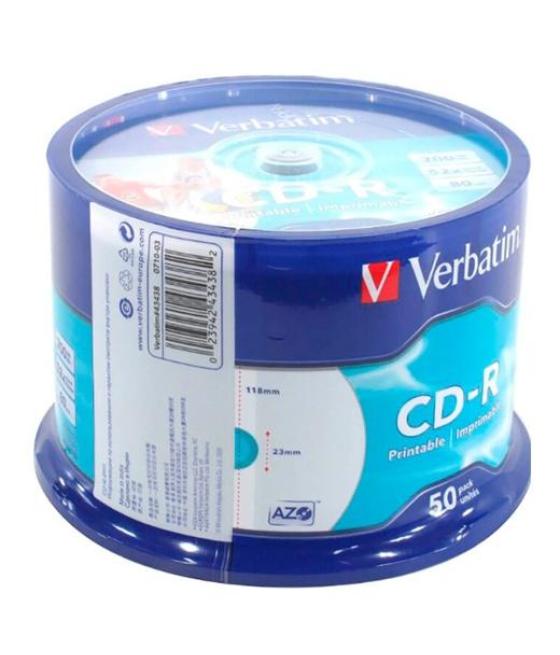 Verbatim cd-r azo, 700mb, 52x, 50 pack spindle, superficie wide inkjet printable (23 118mm)