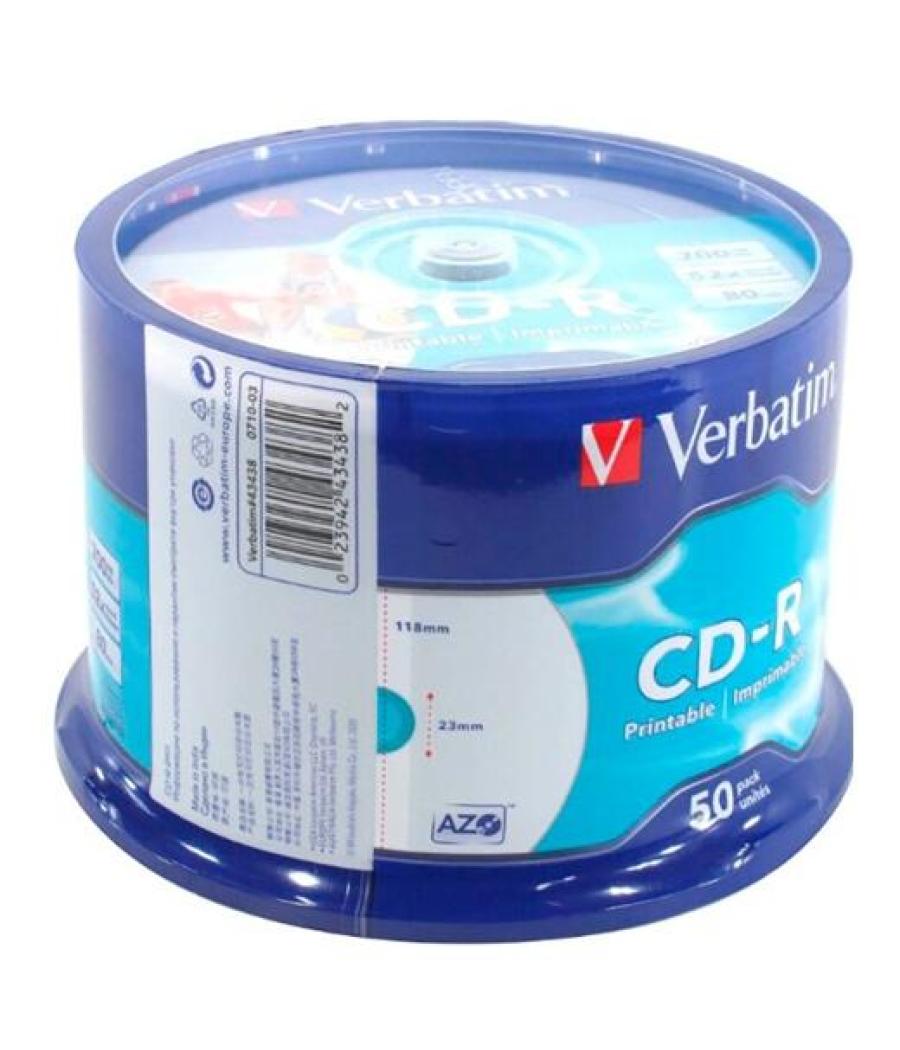 Verbatim cd-r azo, 700mb, 52x, 50 pack spindle, superficie wide inkjet printable (23 118mm)