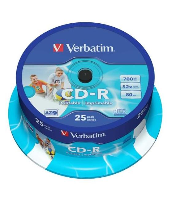 Verbatim cd-r azo, 700mb, 52x, 25 pack spindle, superficie wide inkjet printable (23 118mm)