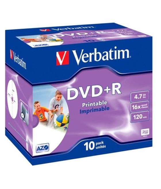 Verbatim dvd+r, 4.7gb, 16x, 10 pack branded jewel case, superficie wide inkjet printable