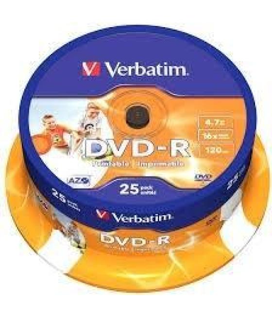 Verbatim dvd-r, 4.7gb, 16x, 25 pack spindle, superficie wide inkjet printable (21 -118mm)