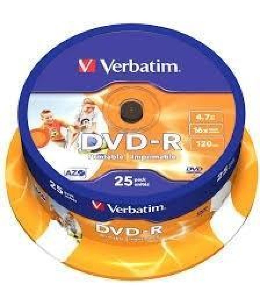 Verbatim dvd-r, 4.7gb, 16x, 25 pack spindle, superficie wide inkjet printable (21 -118mm)
