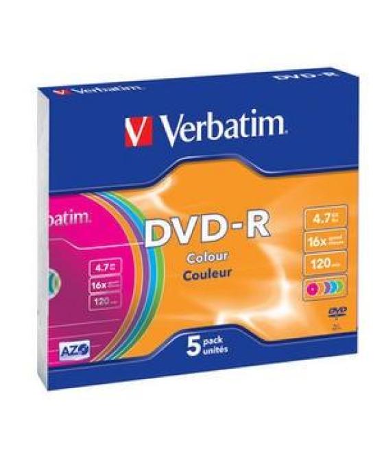 Verbatim dvd-r colour, 4.7gb, 16x, 5 pack slim case, superficie 5 colores
