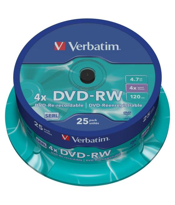 Verbatim dvd-rw, 4.7gb, 4x, 25 pack spindle, superficie matt silver regrabable