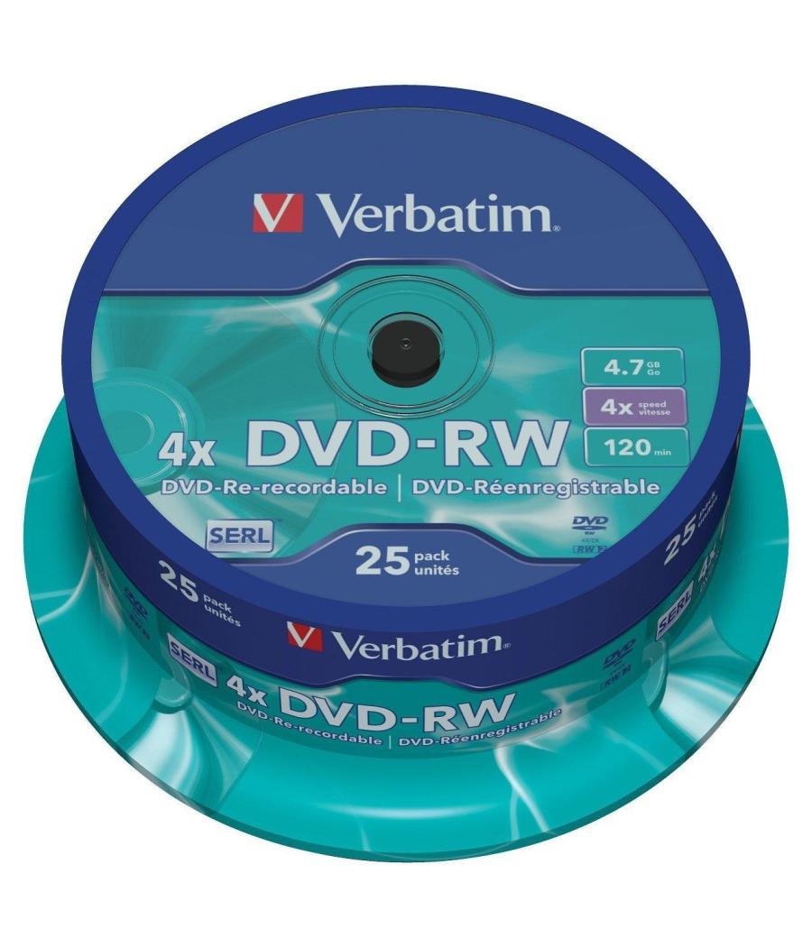 Verbatim dvd-rw, 4.7gb, 4x, 25 pack spindle, superficie matt silver regrabable