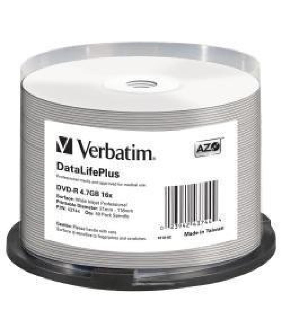 Verbatim dvd-r, 4,7gb, 16x, 50 pack spindle, datalife plus wide inkjet printable professional