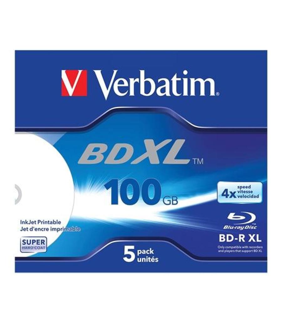 Verbatim bd-r xl blu-ray 100gb 4x speed datalife white inkjet printable - 5 en caja jewel