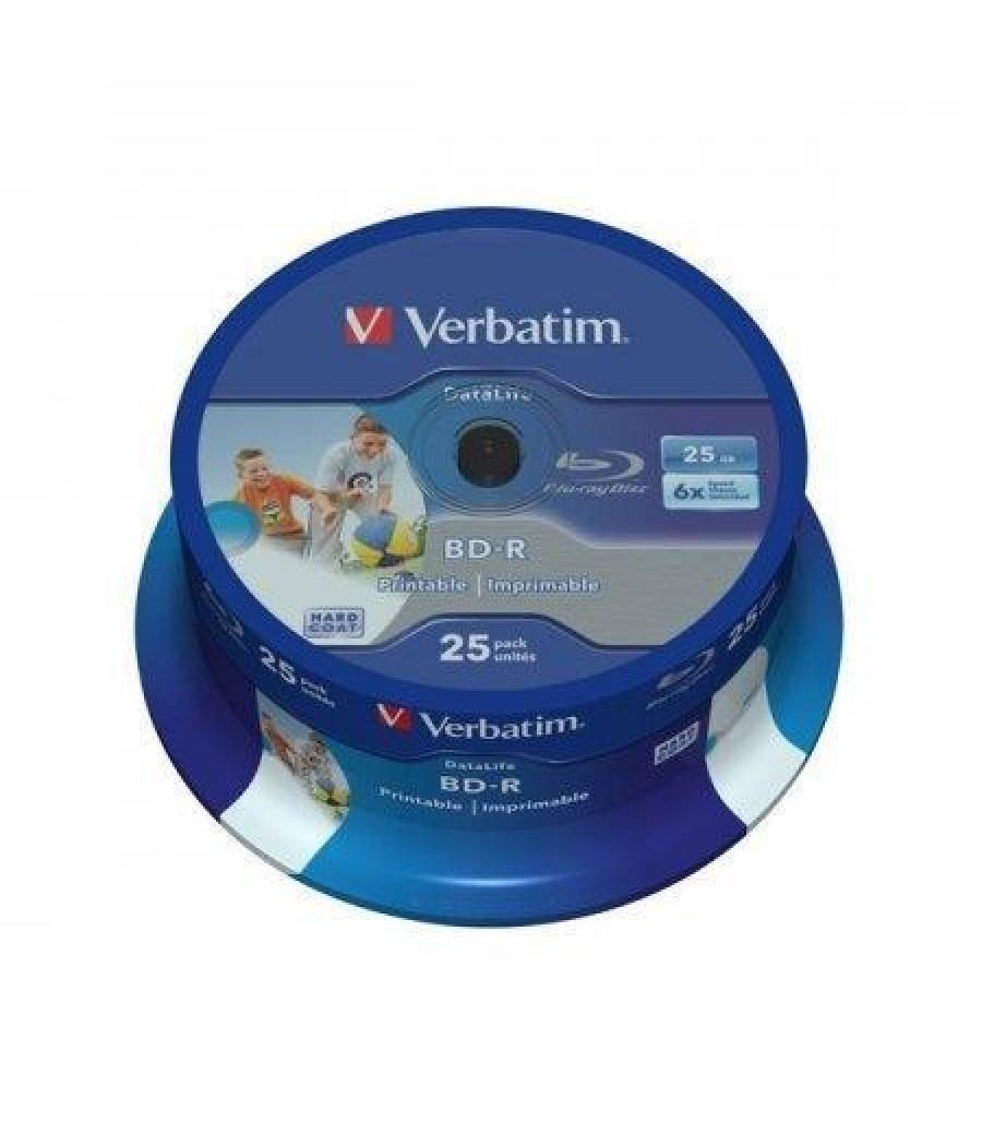 Verbatim bd-r sl datalife, 25gb, 6x, 25 pack spindle, wide inkjet printable (22-118mm)