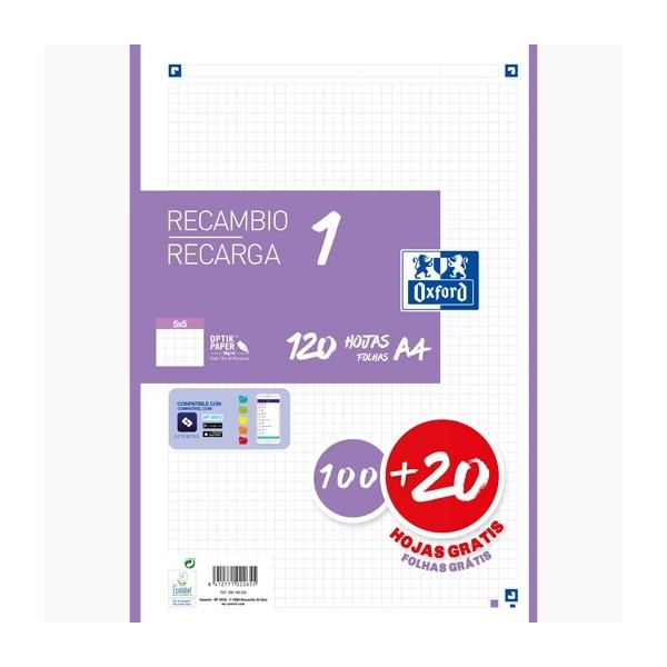 Oxford recambio classic 120 hojas a4 sueltas 90gr 5x5mm 4 taladros 1 banda color malva