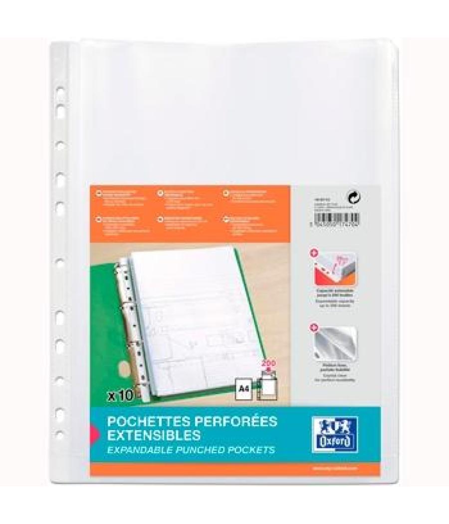 Oxford funda multitaladro 11 pp cristal a4 200 micras gran capacidad extra blister 10 fundas
